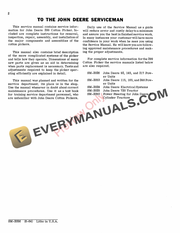 John Deere 299 Cotton Picker Service Manual SM2056 01APR66 4