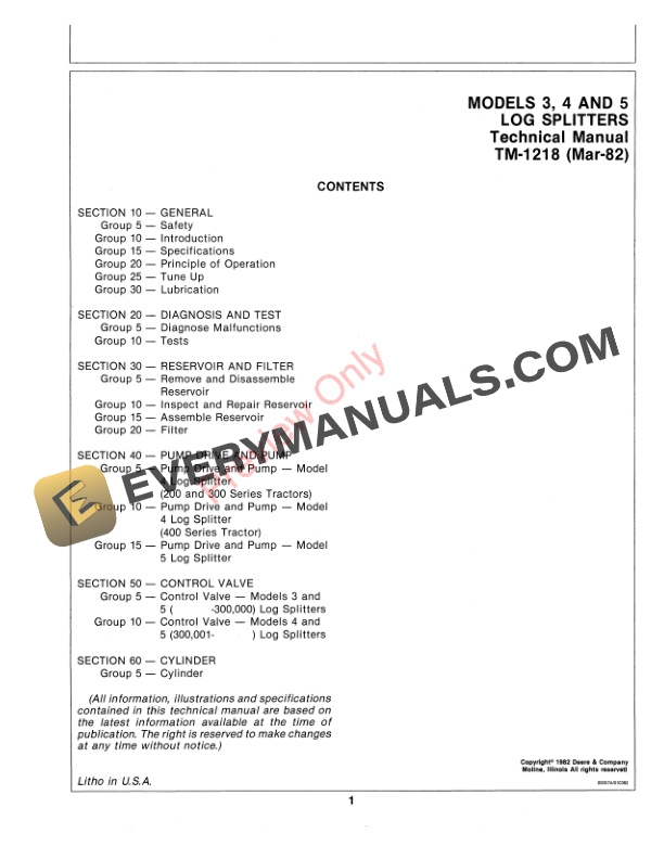 John Deere 3 32 4 5 and 52 Log Splitters Technical Manual TM1218 01MAR82 3