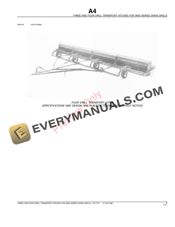 John Deere 3-Drill, 4-Drill Transport Hitches Parts Catalog PC1779 18OCT90-3