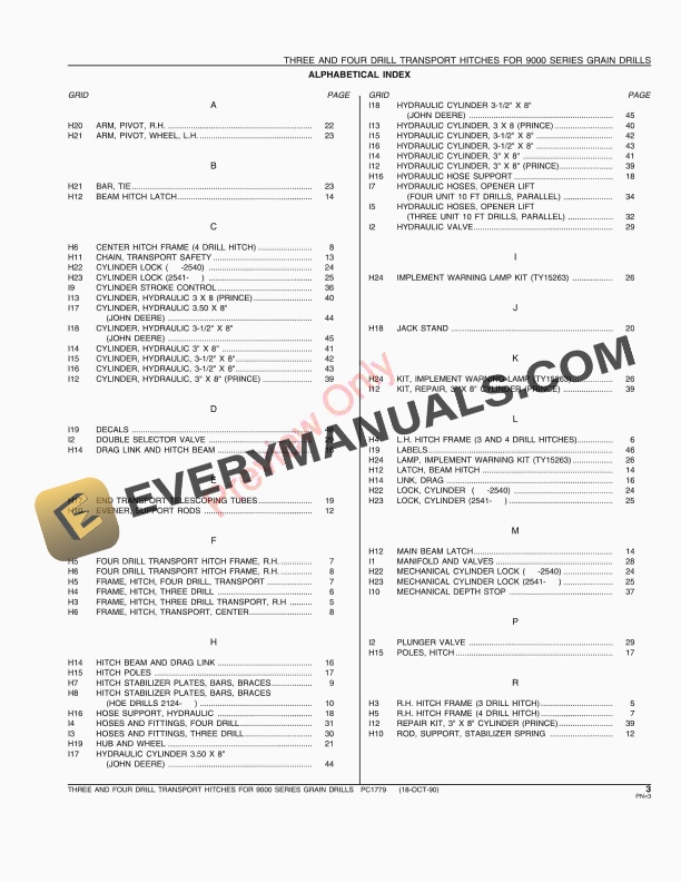 John Deere 3-Drill, 4-Drill Transport Hitches Parts Catalog PC1779 18OCT90-5