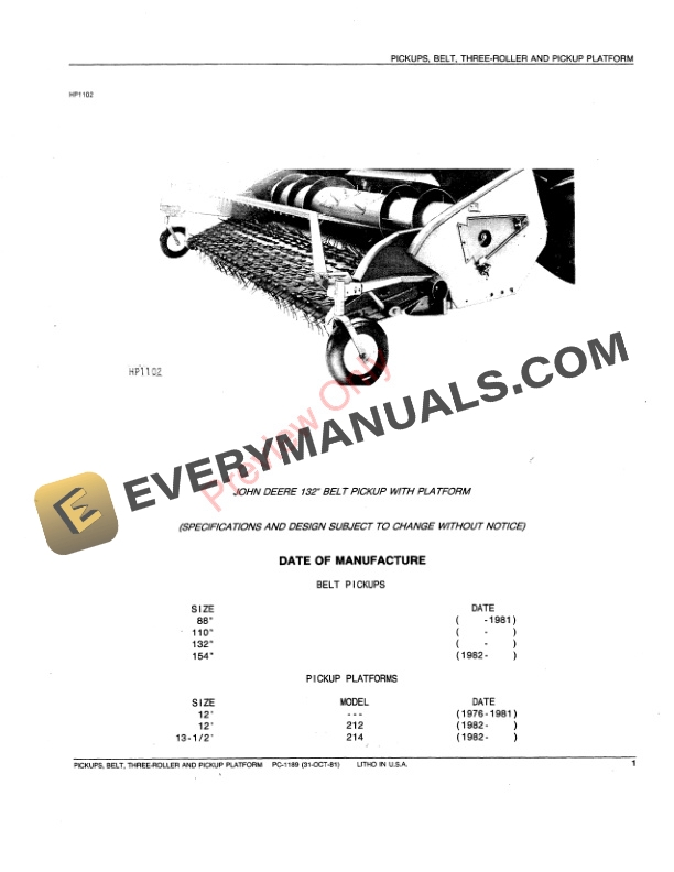 John Deere 3-Roller Belt Pickups and Pickup Platforms Parts Catalog PC1189 01NOV86 4 John Deere 3 Roller Belt Pickups and Pickup Platforms Parts Catalog PC1189 01NOV86 3