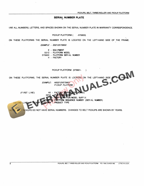 John Deere 3-Roller Belt Pickups and Pickup Platforms Parts Catalog PC1189 01NOV86 5 John Deere 3 Roller Belt Pickups and Pickup Platforms Parts Catalog PC1189 01NOV86 4