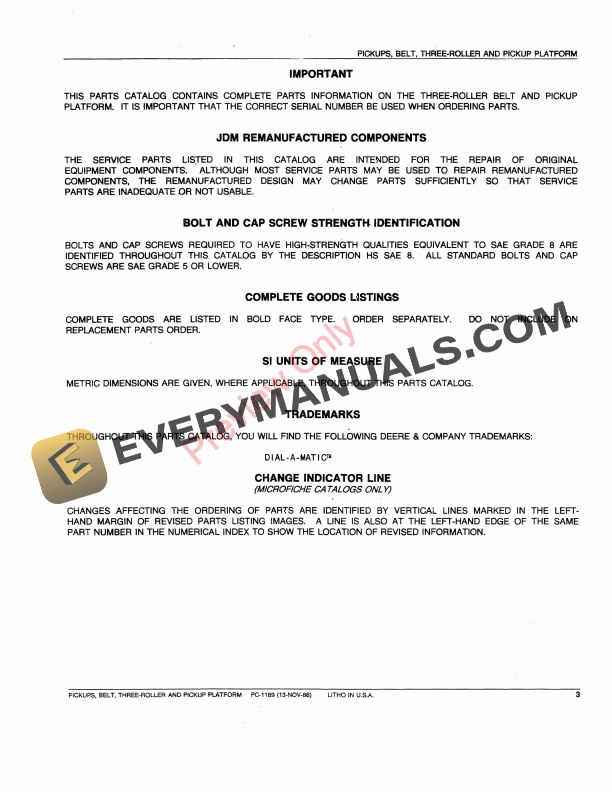 John Deere 3-Roller Belt Pickups and Pickup Platforms Parts Catalog PC1189 01NOV86 6 John Deere 3 Roller Belt Pickups and Pickup Platforms Parts Catalog PC1189 01NOV86 5