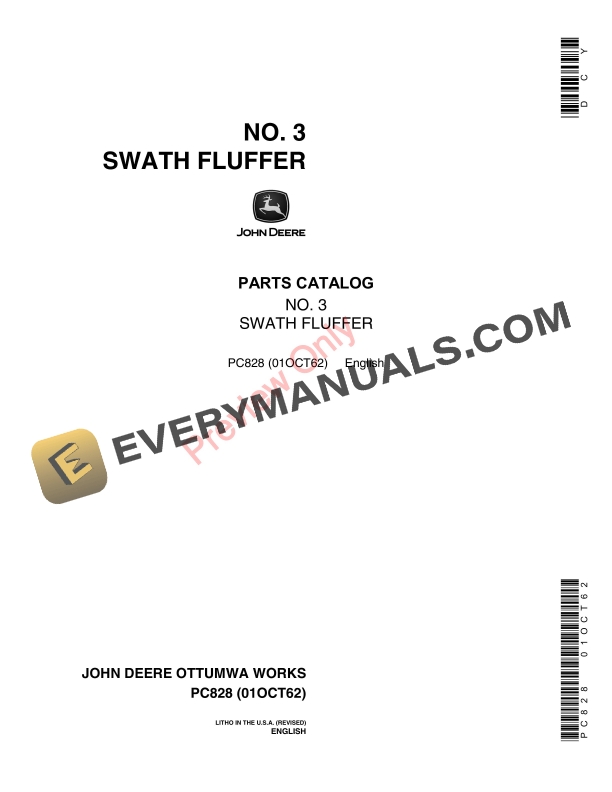 John Deere 3 Swath Fluffer Parts Catalog PC828 01OCT62-1