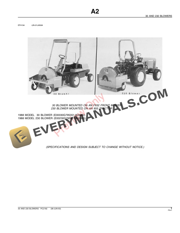John Deere 30, 230 Blowers Parts Catalog PC2192 08JUN93-3