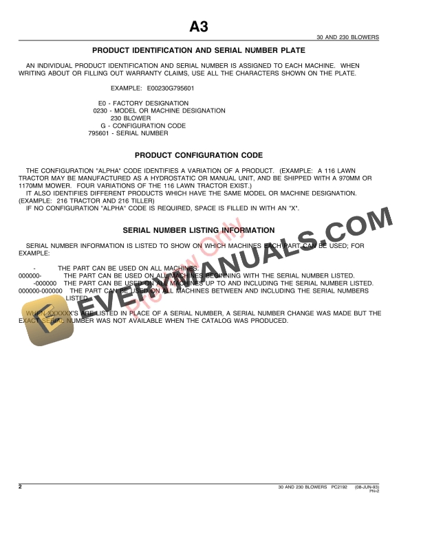 John Deere 30, 230 Blowers Parts Catalog PC2192 08JUN93-4