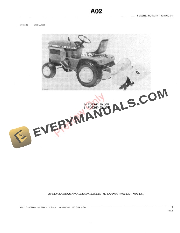 John Deere 30, 31 Rotary Tillers Parts Catalog PC953 13SEP94-3