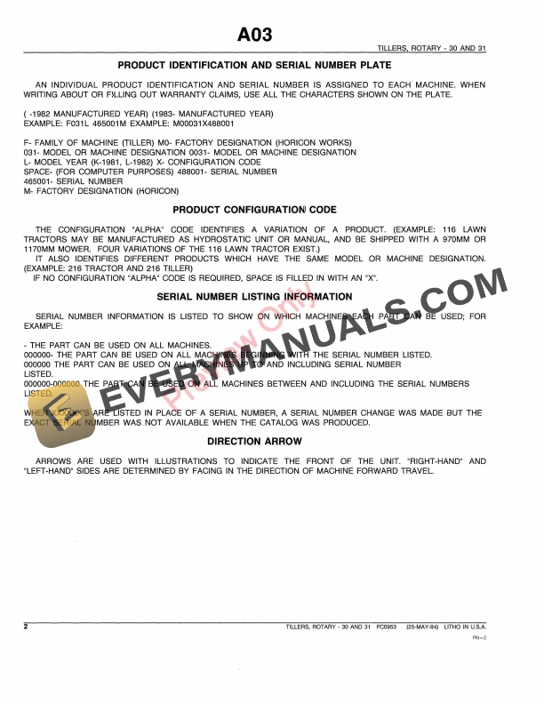 John Deere 30, 31 Rotary Tillers Parts Catalog PC953 13SEP94-4