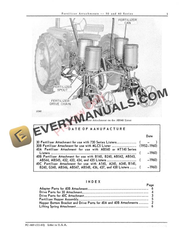 John Deere 30, 40 Series Fertilizer Attachments Parts Catalog PC469 01NOV61-3