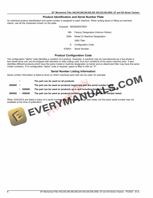 John Deere 30 Mechanical Tiller 240,245,260,265,285,320,325,335,345,355D,GT and GX Series Tractors Parts Catalog PC2203 19AUG20-4