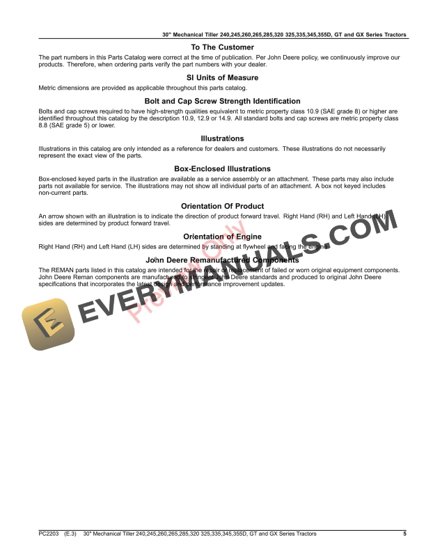 John Deere 30 Mechanical Tiller 240,245,260,265,285,320,325,335,345,355D,GT and GX Series Tractors Parts Catalog PC2203 19AUG20-5