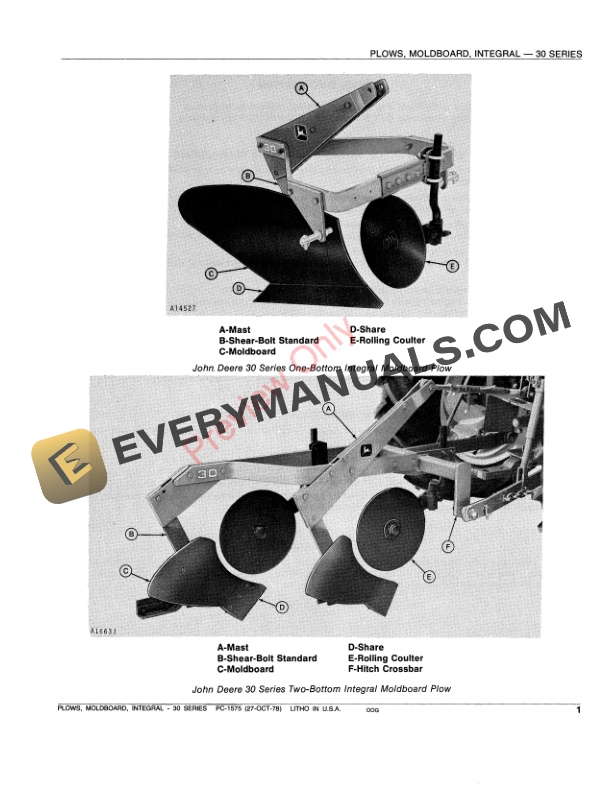 John Deere 30 Series Integral Moldboard Plows Parts Catalog PC1575 28OCT78-3