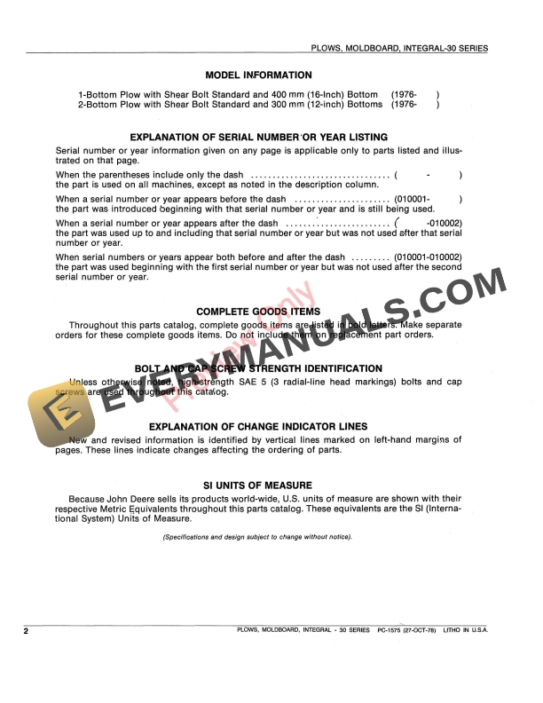 John Deere 30 Series Integral Moldboard Plows Parts Catalog PC1575 28OCT78-4