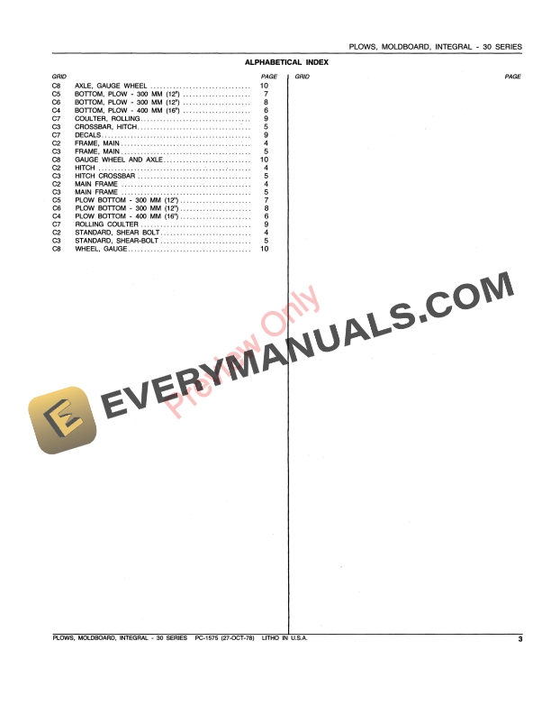 John Deere 30 Series Integral Moldboard Plows Parts Catalog PC1575 28OCT78-5