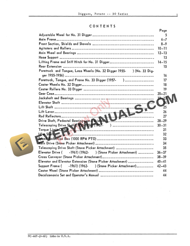 John Deere 30 Series Potato Digger, Stone Picker Attachment Parts Catalog PC467 01OCT64 4 John Deere 30 Series Potato Digger, Stone Picker Attachment Parts Catalog PC467 01OCT64-3