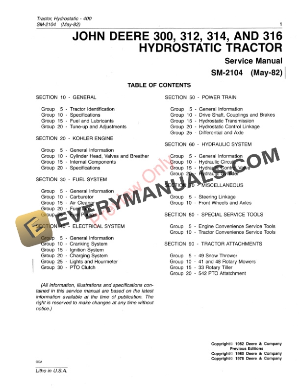 John Deere 300 312 314 and 316 Hydrostatic Lawn and Garden Tractors Service Manual SM2104 01MAY82 3