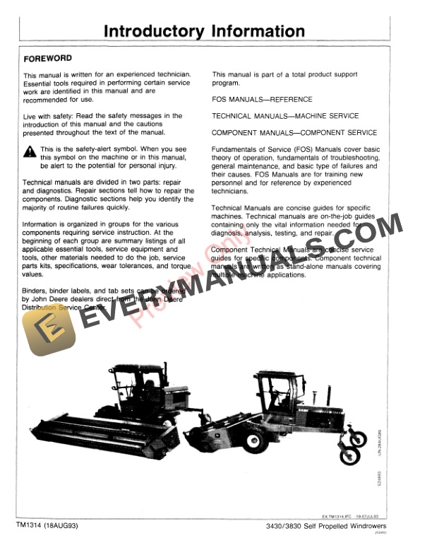 John Deere 300 3430 and 3830 Self Propelled Windrowers Technical Manual TM1314 18AUG93 2