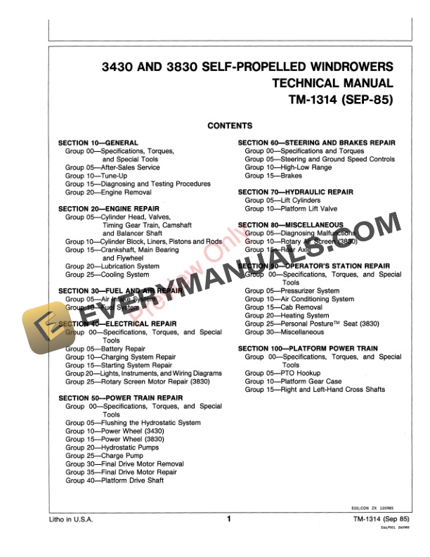 John Deere 300 3430 and 3830 Self Propelled Windrowers Technical Manual TM1314 18AUG93 3