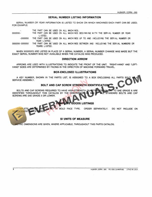 John Deere 300 Corn Husker Parts Catalog PC1233 12MAR82-4