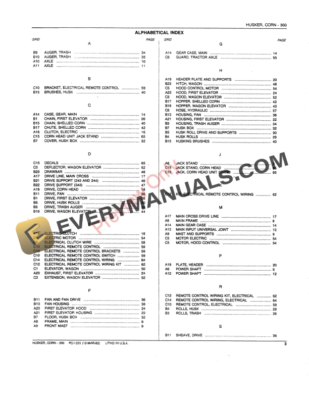 John Deere 300 Corn Husker Parts Catalog PC1233 12MAR82-5