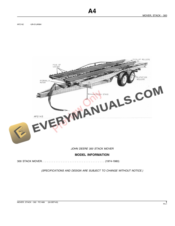 John Deere 300 Stack Mover Parts Catalog PC1488 02SEP83 4 John Deere 300 Stack Mover Parts Catalog PC1488 02SEP83-3