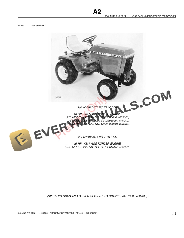 John Deere 300 and 316 Lawn and Garden Tractors Parts Catalog PC1474 09DEC93-3