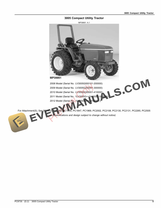 John Deere 3005 COMPACT UTILITY TRACTOR Parts Catalog PC9735 02NOV23-5