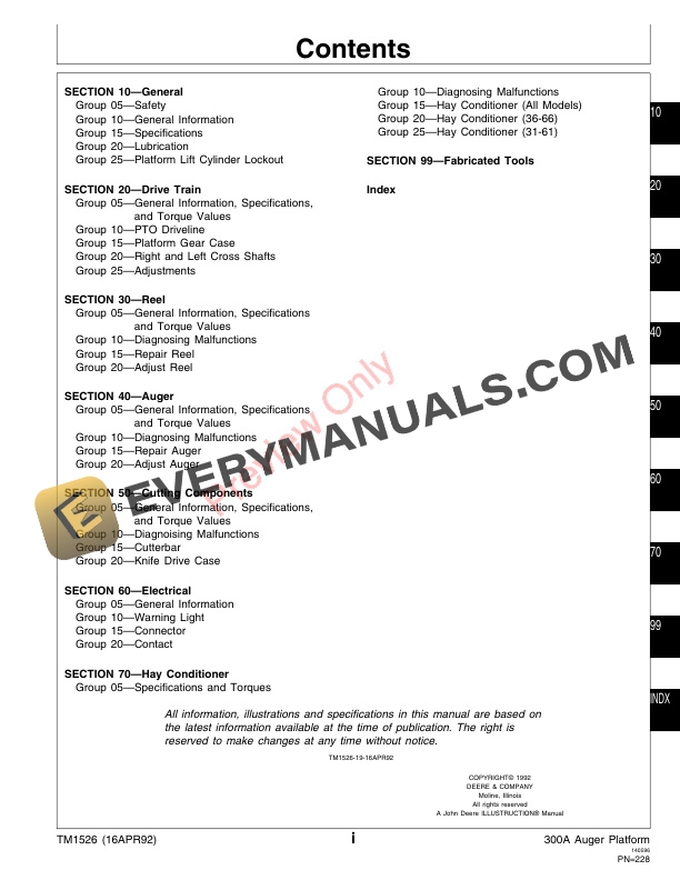 John Deere 300A Auger Platform, 300 Grass Seed Special Technical Manual TM1526 16APR92 5 John Deere 300A Auger Platform 300 Grass Seed Special Technical Manual TM1526 16APR92 3