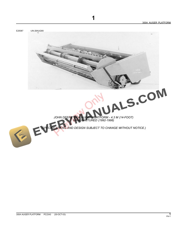 John Deere 300A Auger Platform – 31, 36, 61, 66 Hay Conditioners Parts Catalog PC2343 11MAY11-3