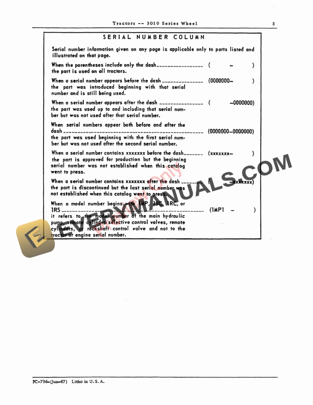 John Deere 3010 Series Wheel Tractors Parts Catalog PC736 01JUN67-5