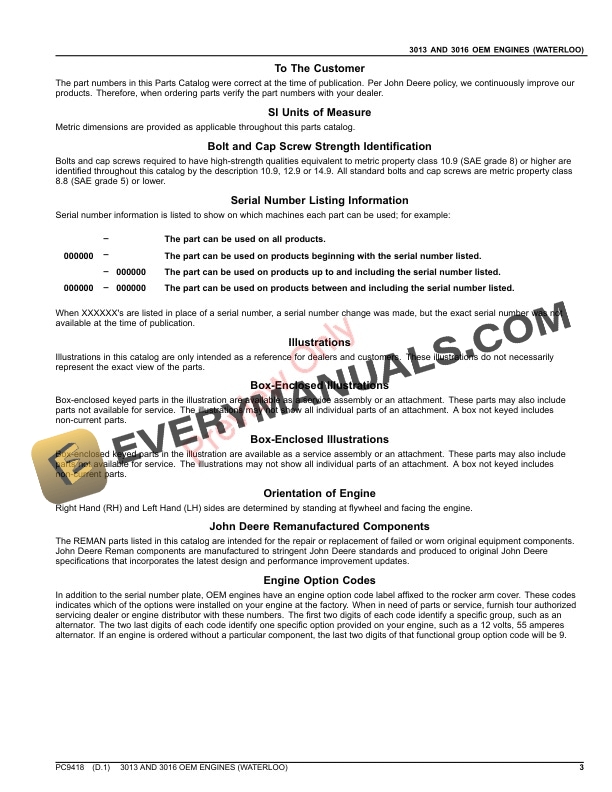 John Deere 3013 AND 3016 OEM ENGINES (WATERLOO) Parts Catalog PC9418 30JUN20-3