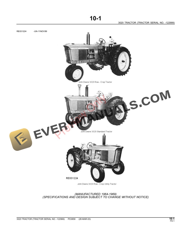 John Deere 3020 Utility Tractor Parts Catalog PC0858 11MAY11 3