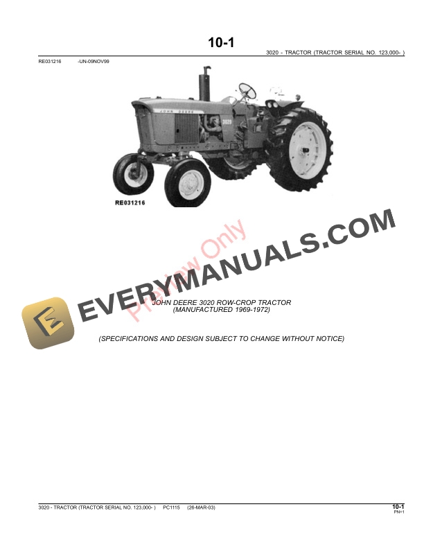 John Deere 3020 Utility Tractor Parts Catalog PC1115 11MAY11 3
