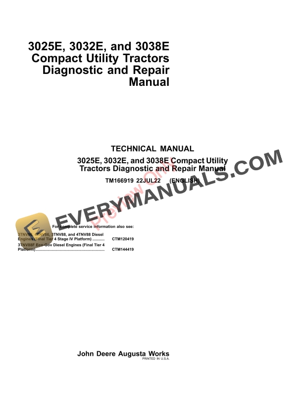 John Deere 3025E, 3032E, and 3038E Compact Utility Tractors Technical Manual TM166919 22JUL22-1