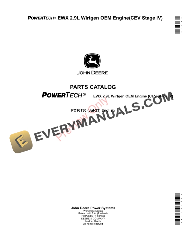 John Deere 3029WG401 PowerTech EWX 2.9L Wirtgen OEM Engine(CEV Stage IV) Parts Catalog PC16130 01AUG23-1