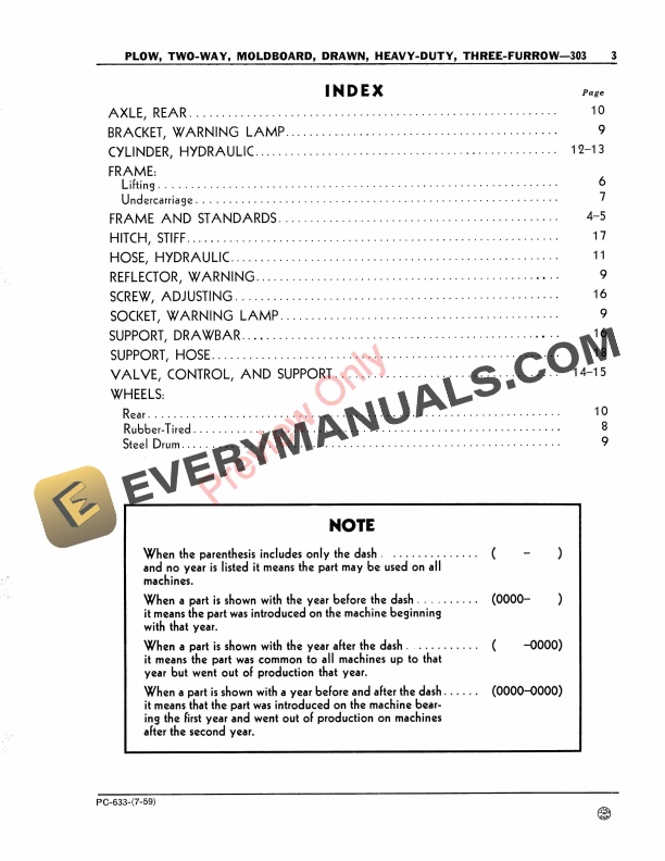 John Deere 303 Plow, Two-Way, Moldboard, Drawn, Heavy Parts Catalog PC633 01JUL59 6 John Deere 303 Plow, Two-Way, Moldboard, Drawn, Heavy Parts Catalog PC633 01JUL59-5