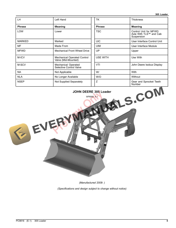 John Deere 305 Loader Parts Catalog PC9816 30NOV20-5