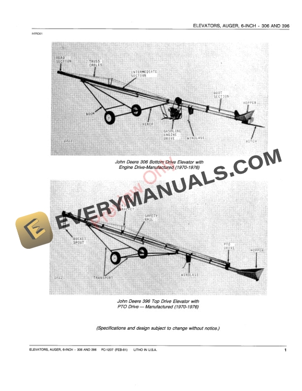 John Deere 306, 396 Six-Inch Auger Elevators Parts Catalog PC1207 12FEB81-3