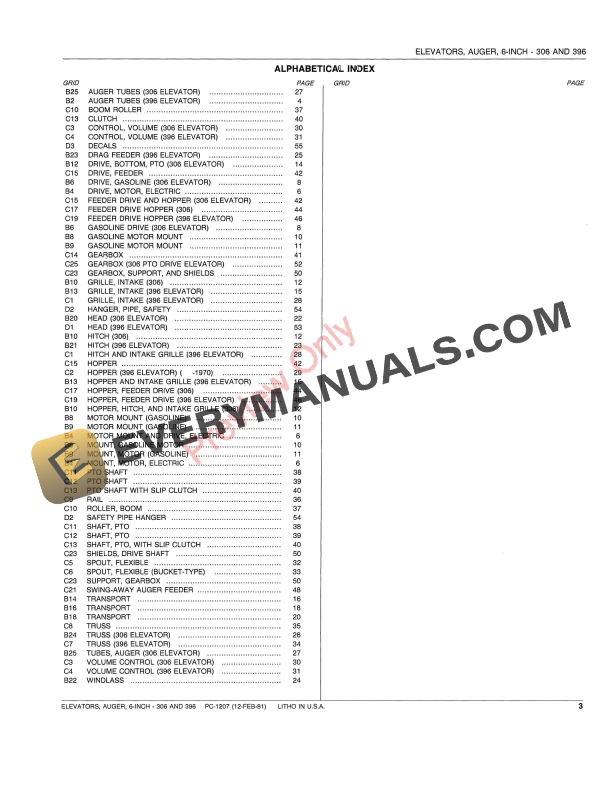 John Deere 306, 396 Six-Inch Auger Elevators Parts Catalog PC1207 12FEB81-5