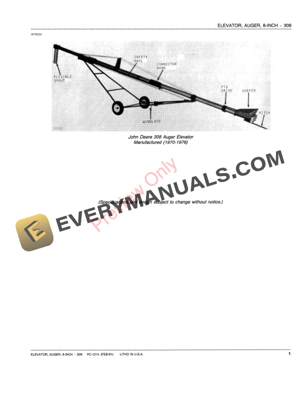 John Deere 308 Eight-Inch Auger Elevator Parts Catalog PC1214 01FEB81-3