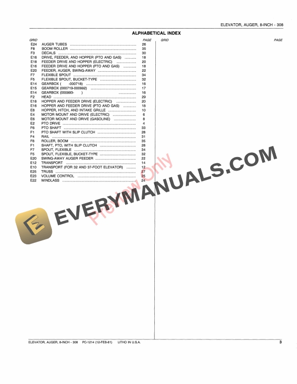 John Deere 308 Eight-Inch Auger Elevator Parts Catalog PC1214 01FEB81-5