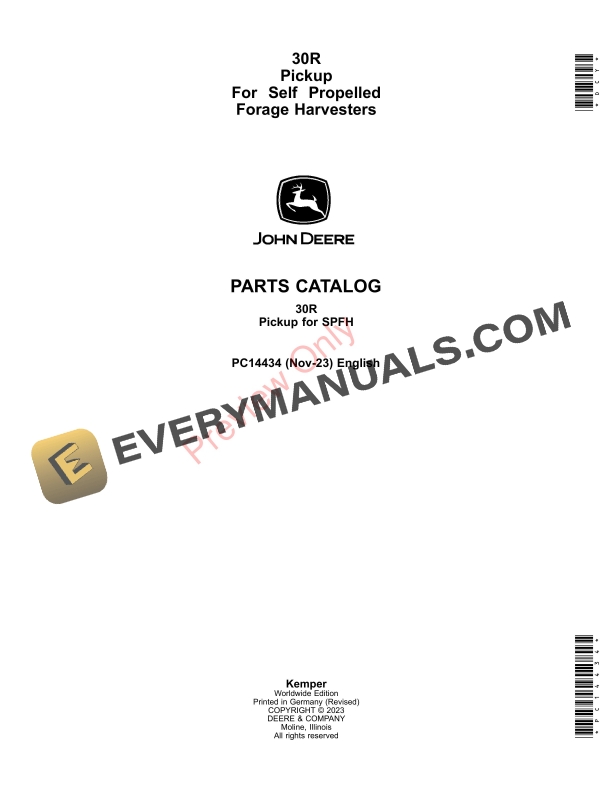 John Deere 30R Pickup For Self Propelled Forage Harvesters Parts Catalog PC14434 14NOV23-1