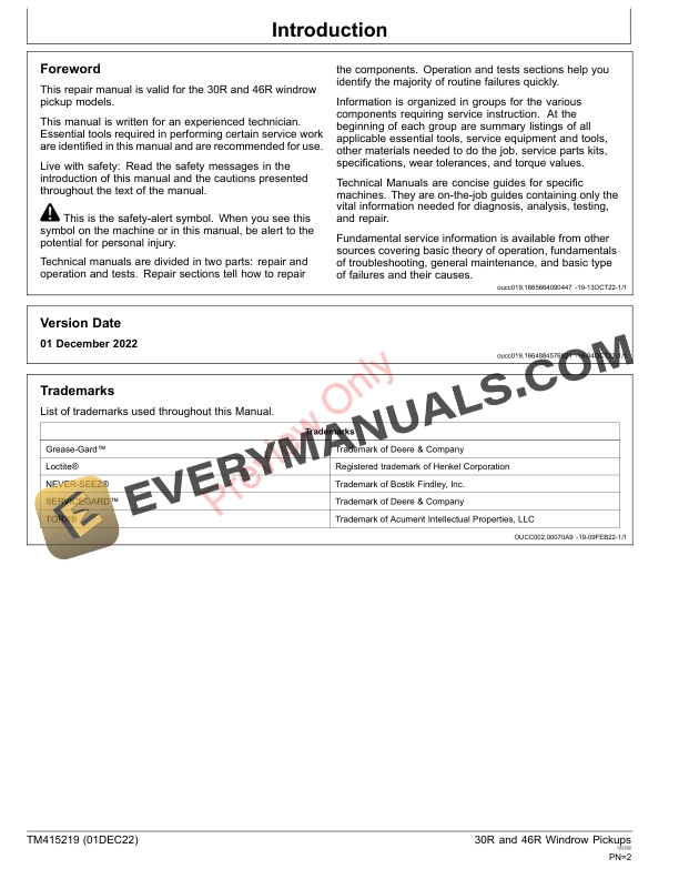 John Deere 30R and 46R Windrow Pickups Technical Manual TM415219 01DEC22 2