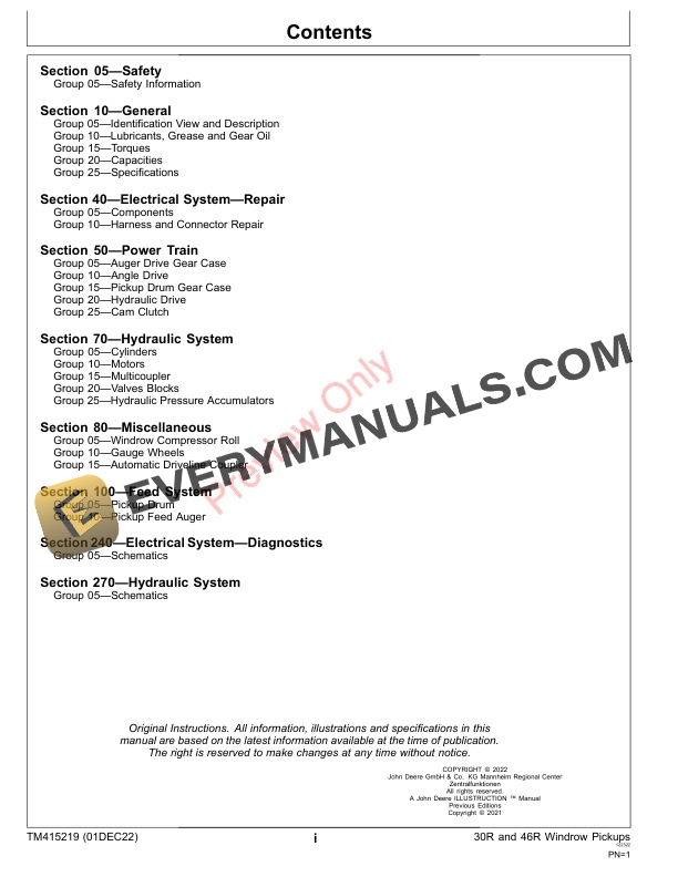John Deere 30R and 46R Windrow Pickups Technical Manual TM415219 01DEC22 3