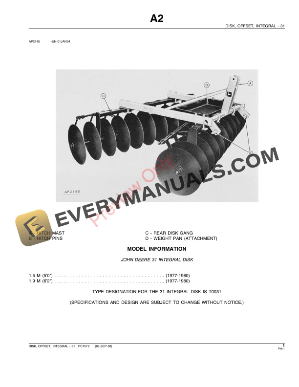 John Deere 31 Integral Harrow Disk Parts Catalog PC1579 02SEP83-3