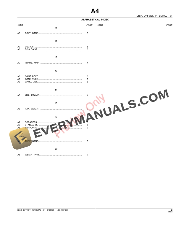John Deere 31 Integral Harrow Disk Parts Catalog PC1579 02SEP83-5