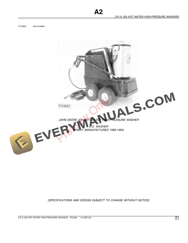 John Deere 310, 320 Hot Water High-Pressure Washers Parts Catalog PC2296 14SEP94-3