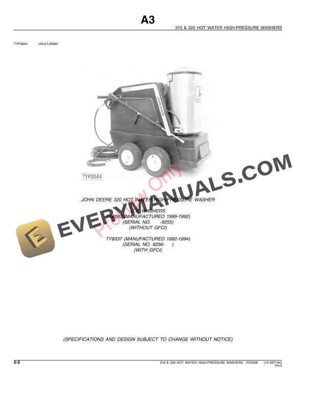 John Deere 310, 320 Hot Water High-Pressure Washers Parts Catalog PC2296 14SEP94-4