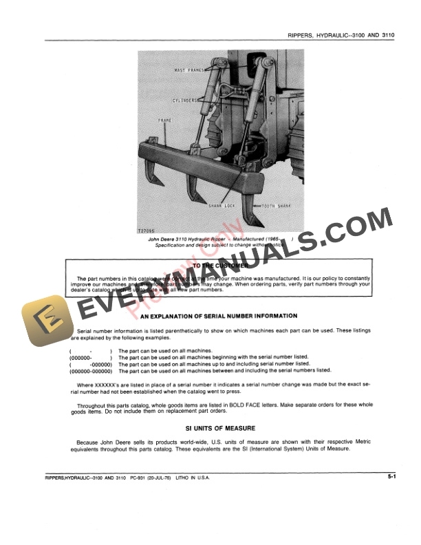 John Deere 3100, 3110 Hydraulic Rippers Parts Catalog PC931 01JUL76-3
