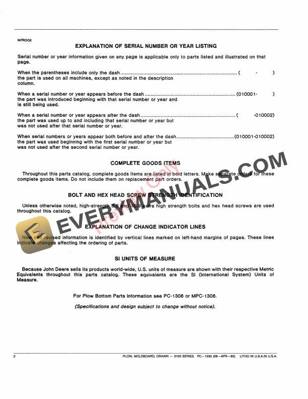 John Deere 3100 Series Drawn Moldboard Plow Parts Catalog PC1330 08APR80-4